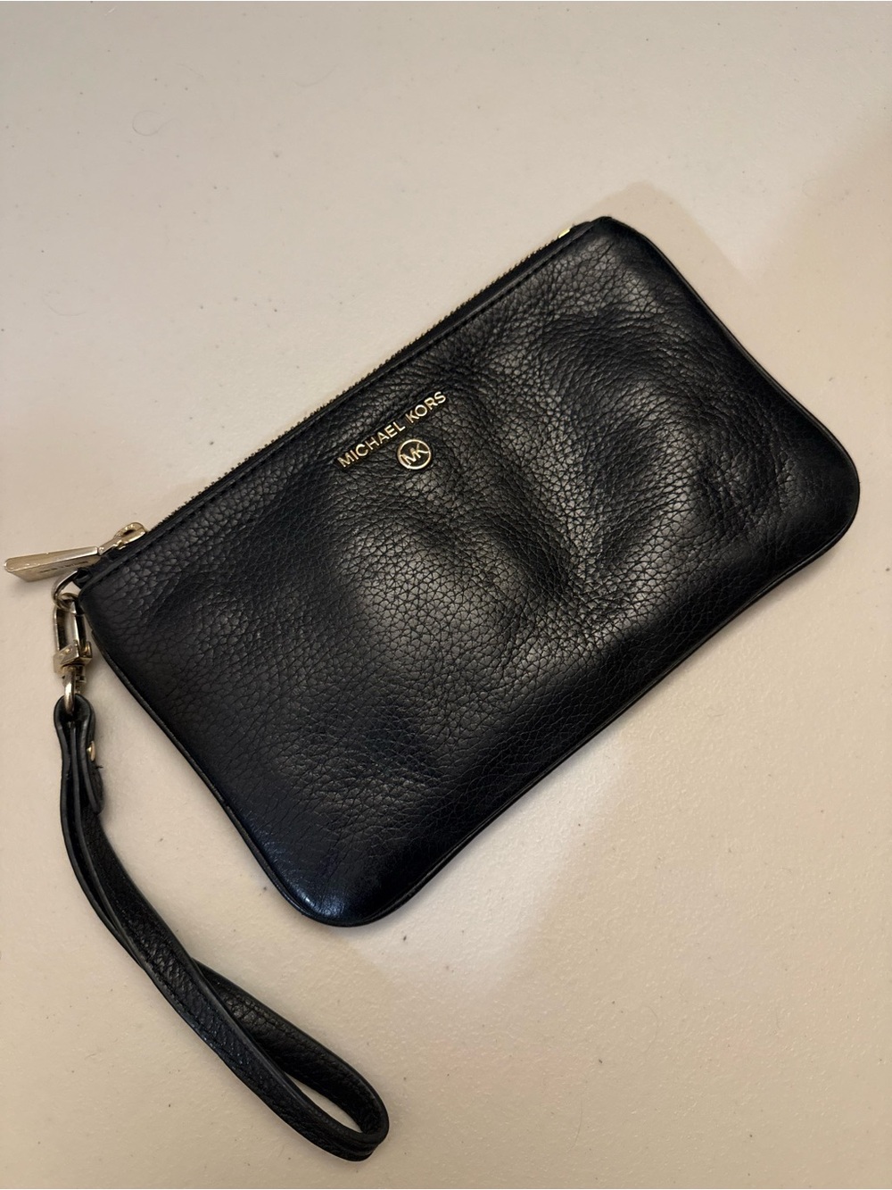 Michael Kors Black Leather Wristlet with Gold Logo